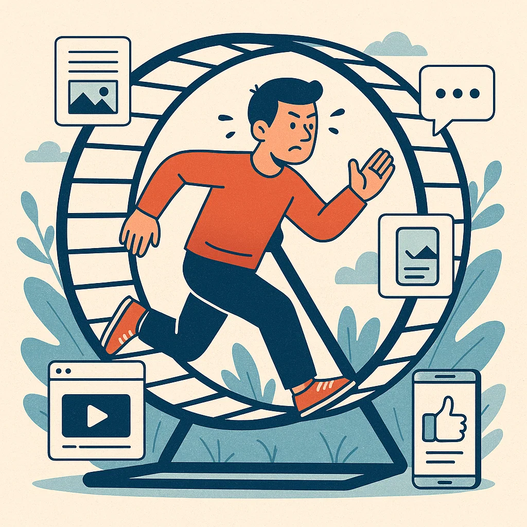 Illustration einer Person in einer Tretmühle aus Content-Aufgaben