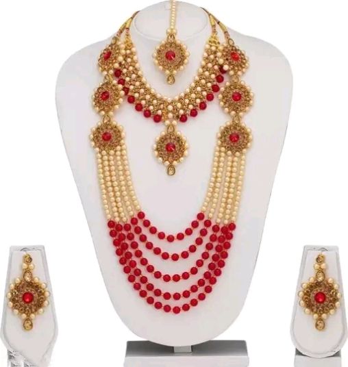 Gold-Plated Kundan & Pearl Choker And Multi-Layered Long Necklace Set With Earrings & Maang Tikka (Bridal / Festival Jewelry Combo) - Pali Rajasthan