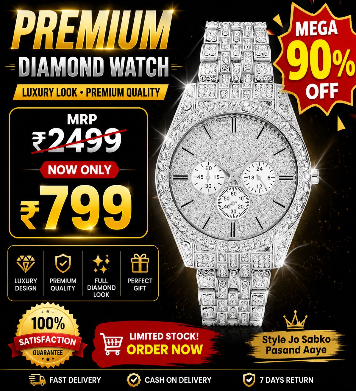 Silver Colour Diamond Design Round Dial Analog Watch For Mens N Boys Name: Silver Colour Diamond Design Round Dial Analog Watch For Mens N Boys Strap Material: Stainless Steel Clasp Type: Stainless Steel Buckle Date Display: Yes Dial Design: Ethnic Dial Shape: Round Display Type: Analog Dual Time: No Light: No Mechanism: Mechanical Automatic Power Source: Battery Powered Water Resistance: No Add On: No Add On Net Quantity (N): 1 Sizes: Free Size Country Of Origin: India - 799.00 INR - Birpur - Marketplace