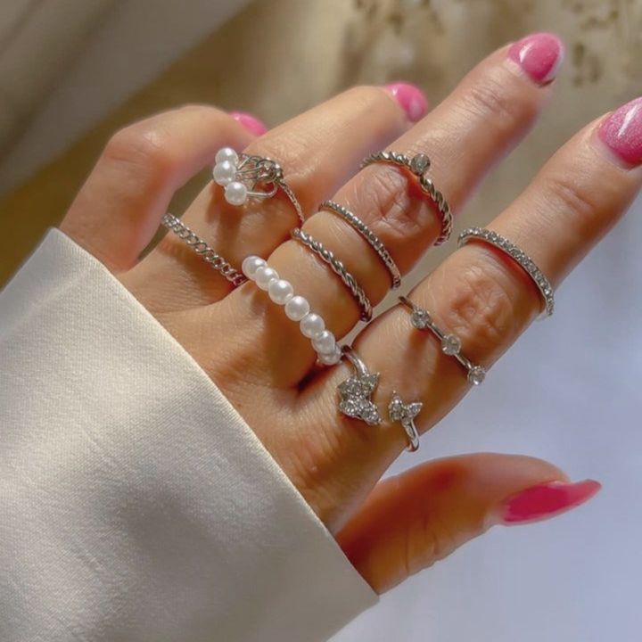 Crystal Pearl Butterfly Joint Rings Set for Women