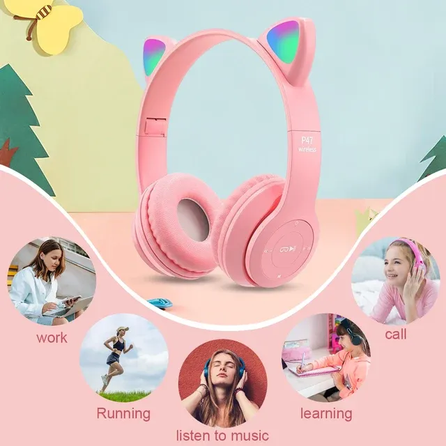 P47M Cute Fashion Cat Ears Wireless Headphones Flash Light LED RGB Gaming Bluetooth Headset For Girl Kids Foldable Earph