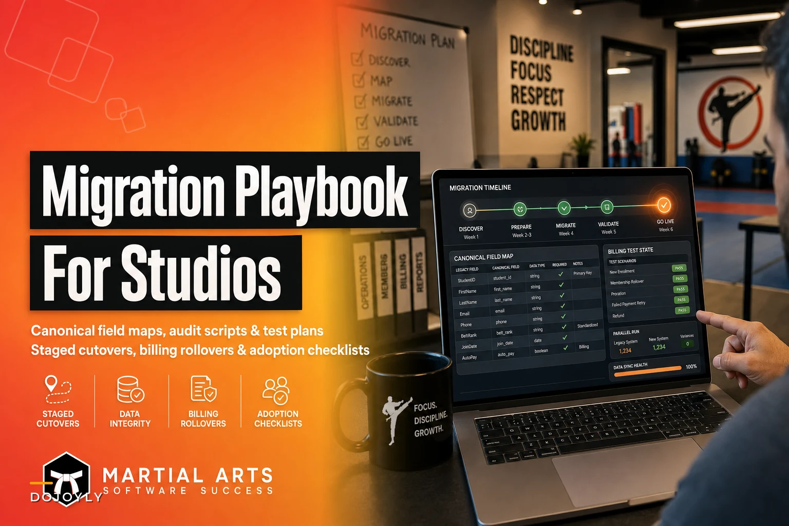 A martial‑arts software migration playbook: canonical field maps, staged cutovers and staff adoption checklists