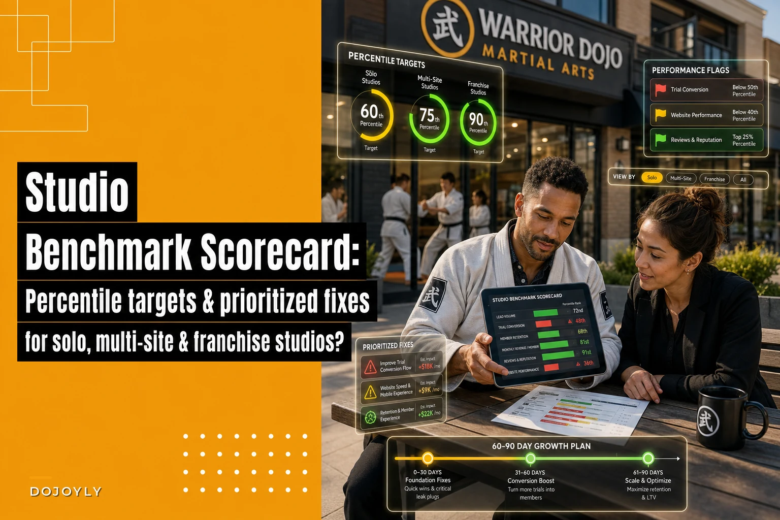 A studio benchmark scorecard: percentile targets and prioritized fixes for solo, multi‑site and franchise studios