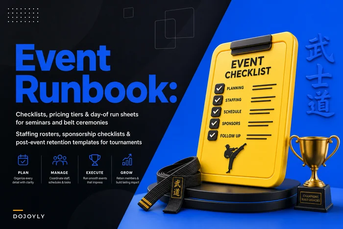 Event operations runbook: checklists, pricing tiers and day‑of run sheets for seminars, belt ceremonies and tournaments