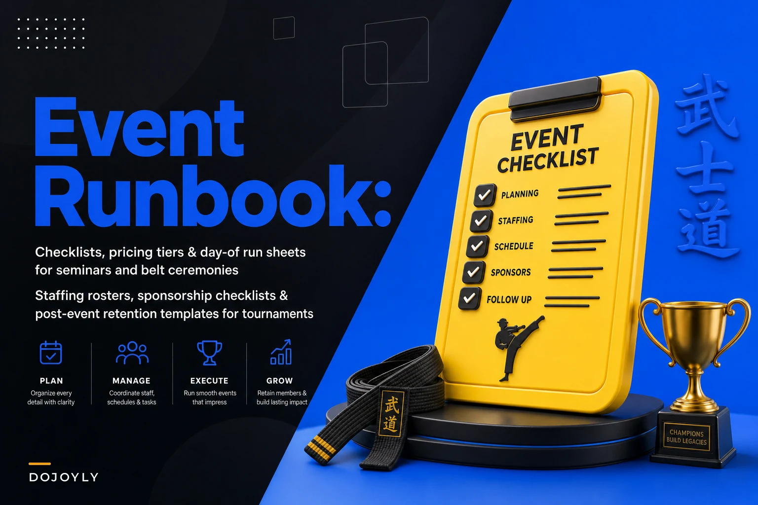 Event operations runbook: checklists, pricing tiers and day‑of run sheets for seminars, belt ceremonies and tournaments
