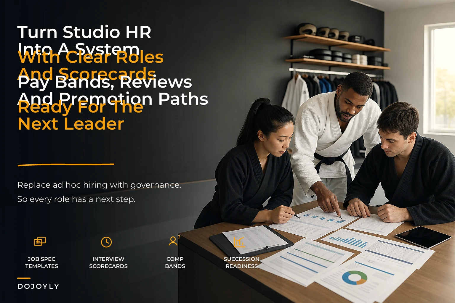 Turn staff chaos into scalable governance: job specs, comp bands and a 12‑month succession scorecard for studios