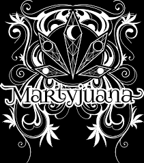 White ornamental Martyjuana logo with a moon-phase leaf and decorative flourishes on black