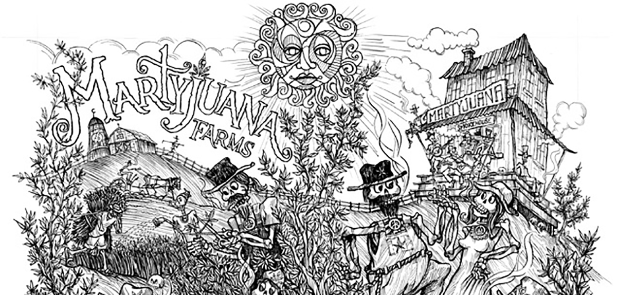 Black-and-white Martyjuana Farms poster with a sun, farm buildings, and illustrated figures