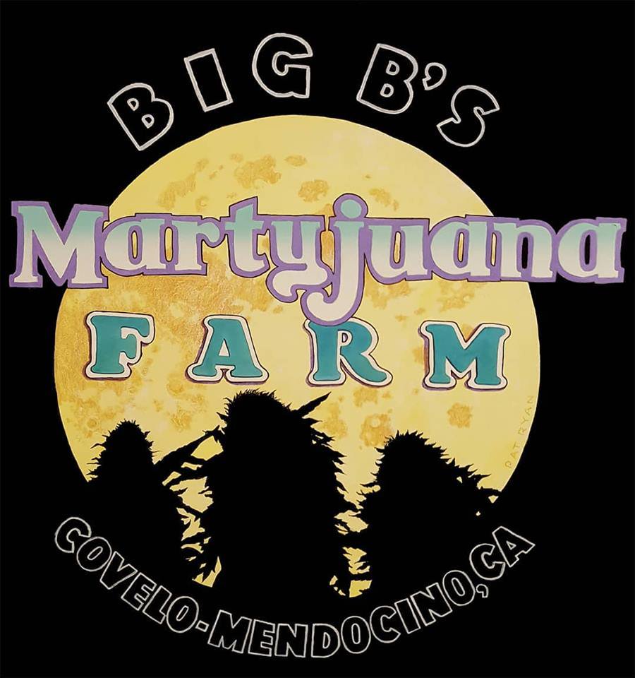 Martyjuana Farm artwork with a moon, mountain silhouettes, and Covelo Mendocino County lettering
