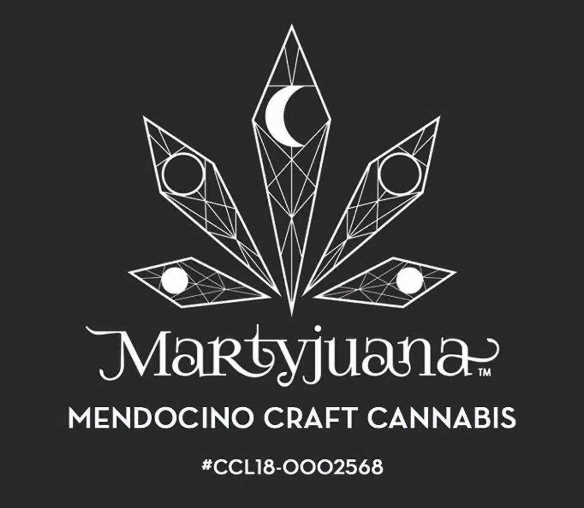 White geometric cannabis leaf with moon phases above the Martyjuana name on charcoal