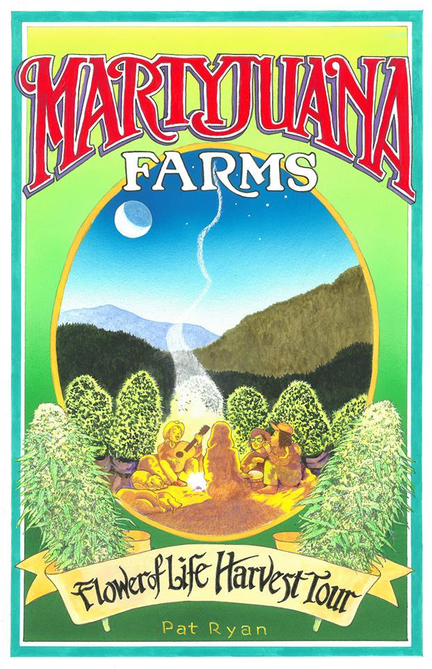 Colorful Martyjuana Farms poster with a crescent moon, mountain landscape, and Flower of the Honey Moon lettering