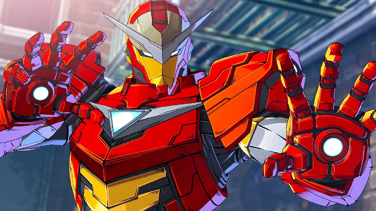 Arte do Iron Man em Marvel Tōkon: Fighting Souls com armadura vermelha e dourada e crista prateada