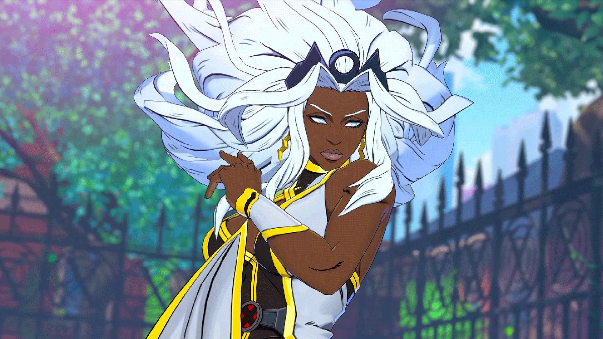 Arte da Storm em Marvel Tōkon: Fighting Souls com cabelo branco e roupa branca e dourada