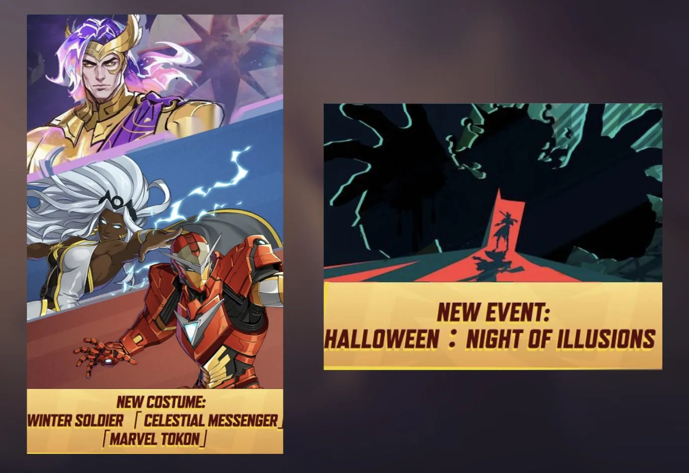 Imagem com as skins e o evento da semana: Winter Soldier Celestial Messenger em cima, Storm e Iron Man do crossover Marvel Tōkon embaixo e o evento Halloween: Night of Illusions à direita