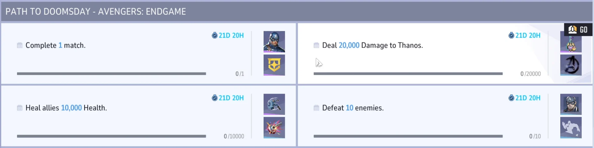 Missões do evento Path to Doomsday - Avengers: Endgame: completar 1 partida, causar 20.000 de dano ao Thanos, curar 10.000 de vida e derrotar 10 inimigos