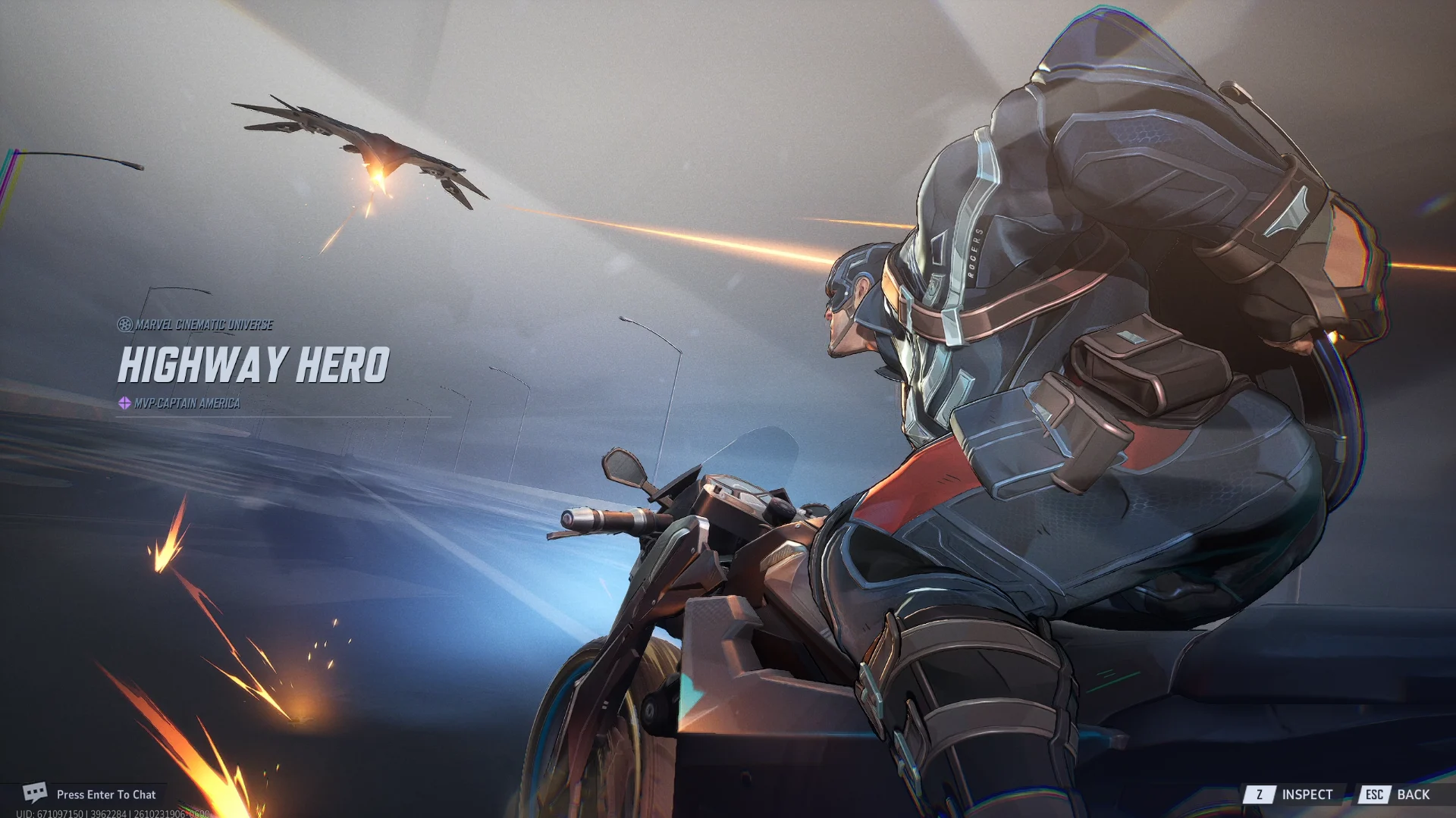 Tela de MVP Highway Hero do Captain America: Cap de moto em uma rodovia enquanto um jato atira nele