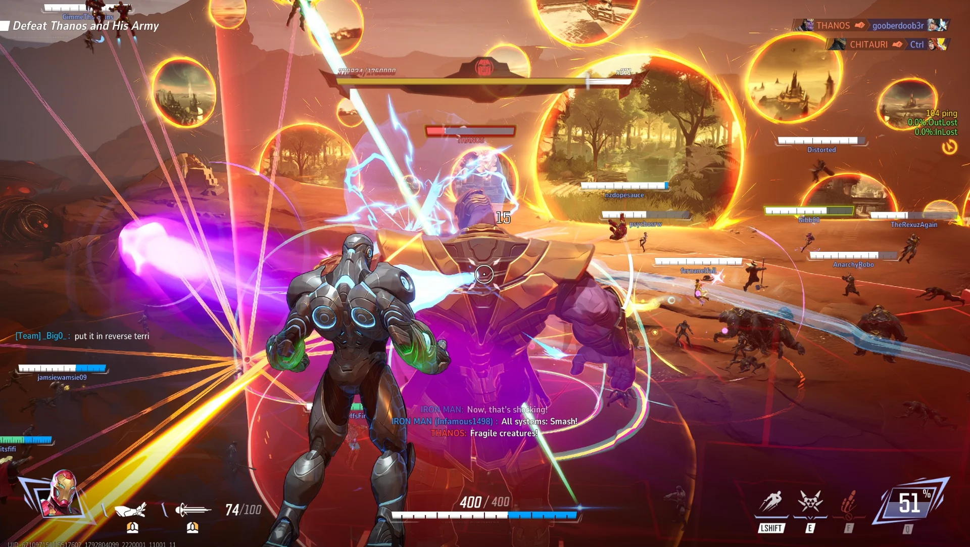 Iron Man com armadura prateada atirando de perto no Thanos no modo PvE de Marvel Rivals, com portais em chamas ao fundo