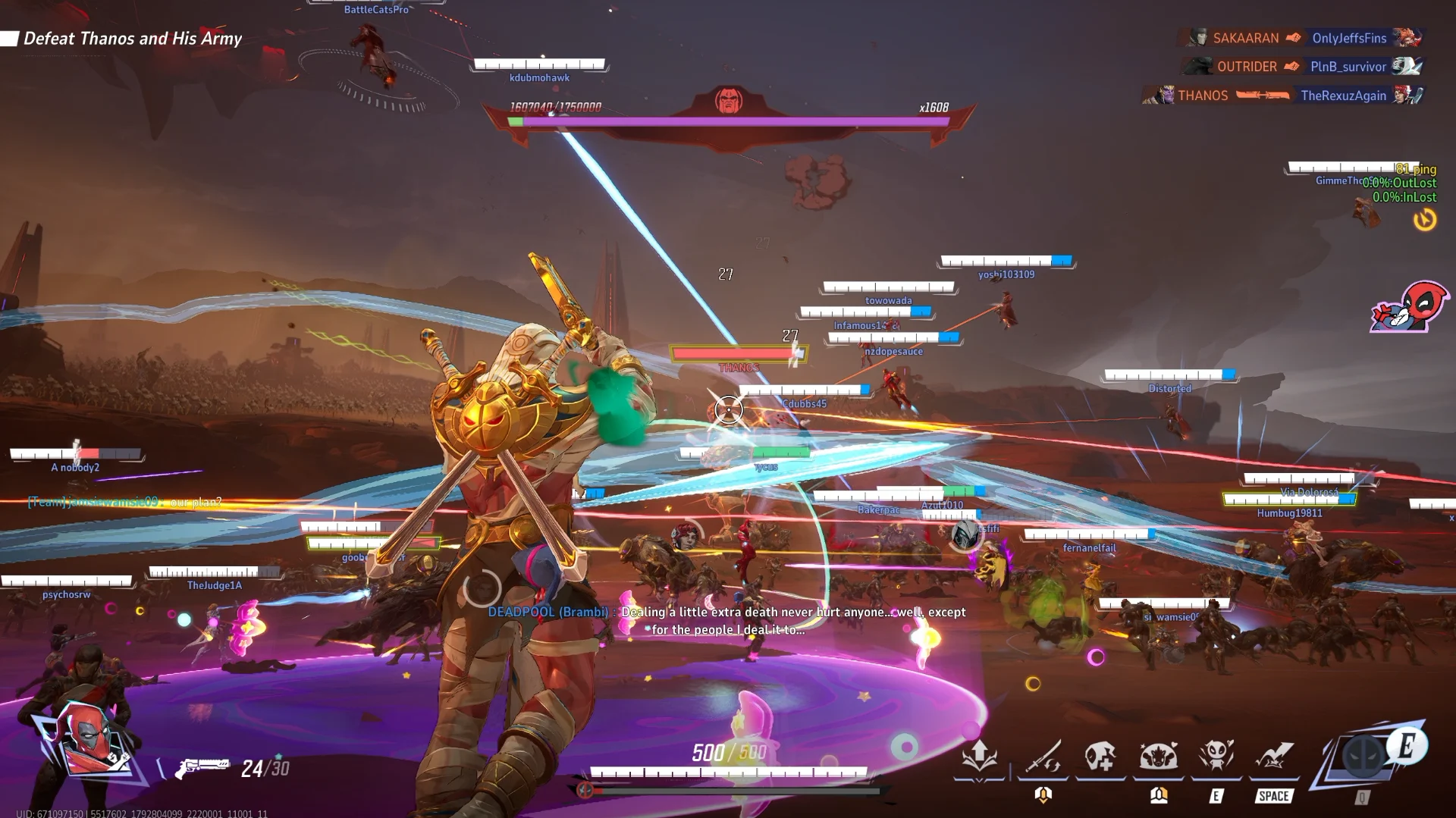 Jogando de Deadpool com skin dourada e katanas no modo PvE contra o Thanos: dezenas de jogadores e a barra de vida do Thanos no topo, com 1.607.040 de 1.750.000