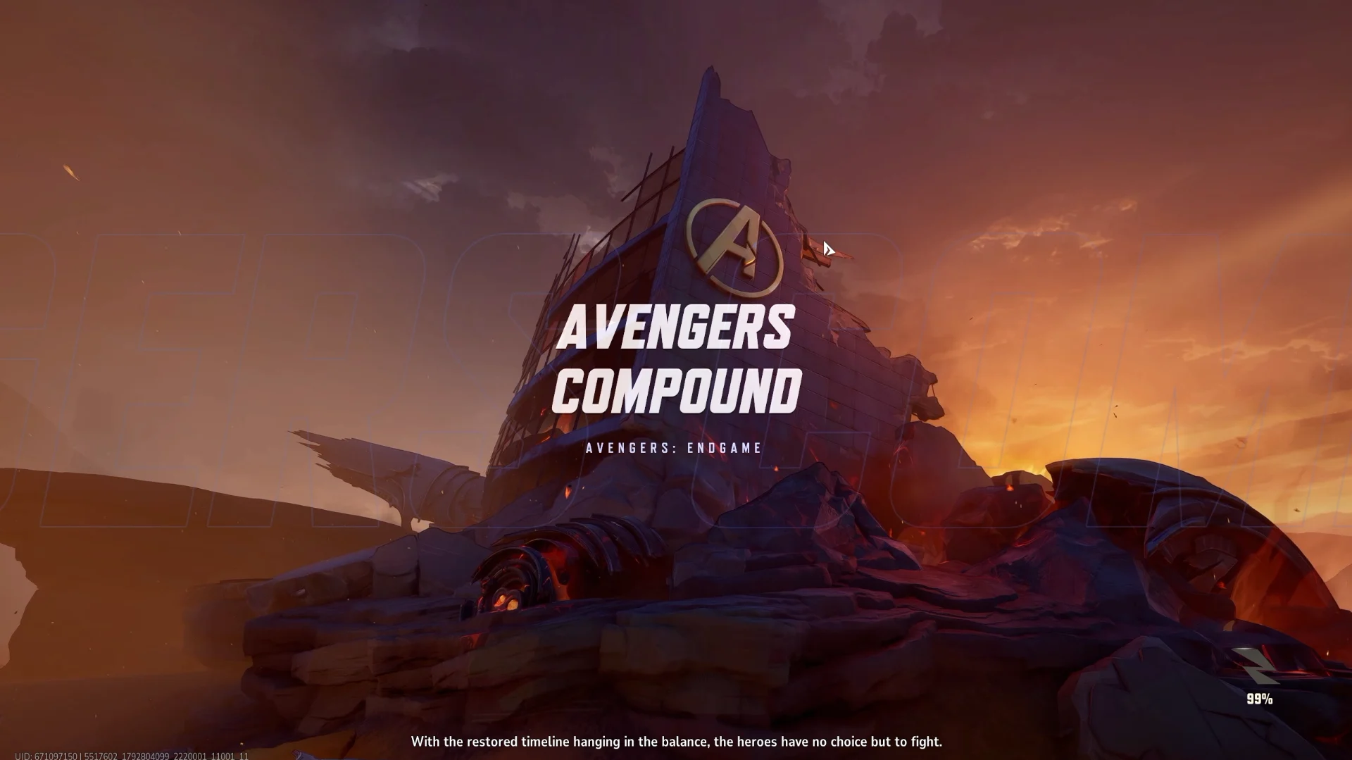 Tela de carregamento do mapa Avengers Compound: a sede dos Vingadores em ruínas com o logo dourado do A, entre rochas e destroços de nave ao entardecer