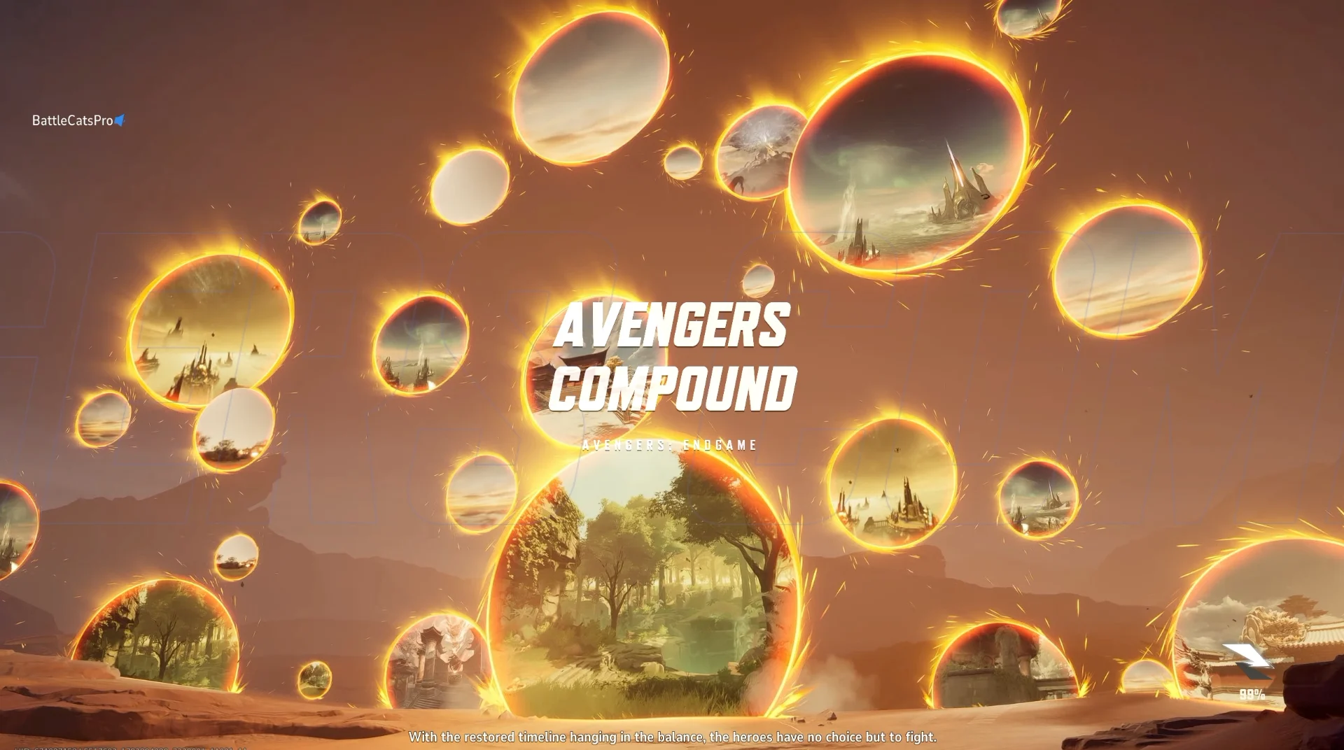 Tela de carregamento do mapa Avengers Compound: dezenas de portais em chamas sobre um deserto laranja