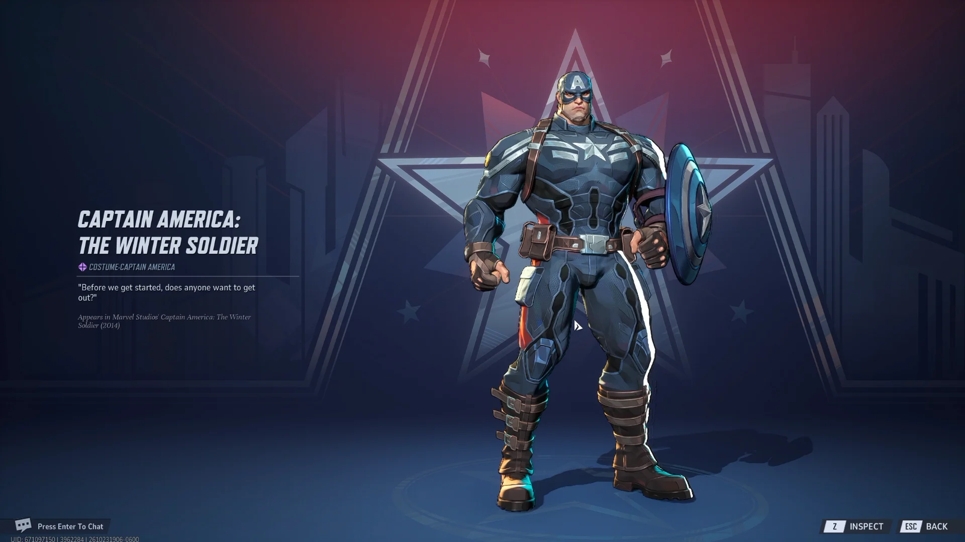 Tela do traje Captain America: The Winter Soldier: o Capitão América de corpo inteiro com o uniforme azul do filme e o escudo, sobre um fundo com uma estrela