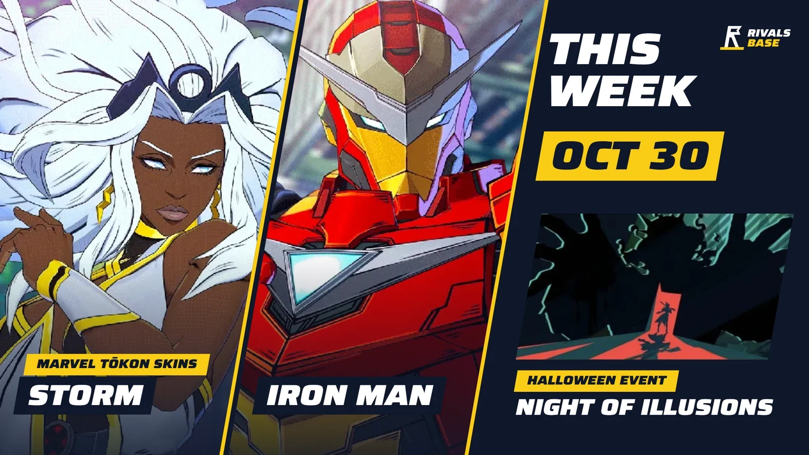 Storm e Iron Man com as skins de Marvel Tōkon e a arte do evento Night of Illusions, 30 de outubro no Marvel Rivals