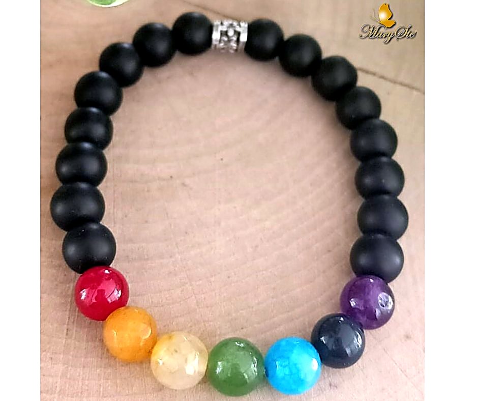 BRACCIALE ELASTICO CHAKRA IN AGATA E TORMALINA NERA