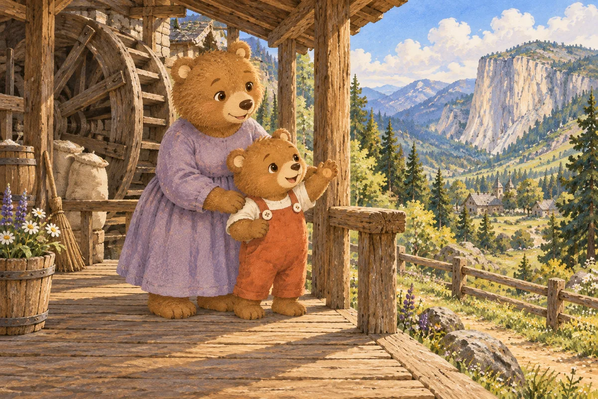 Umu, tahta çarklı değirmenin geniş sundurmasında annesinin yanında durup vadiye merhaba diyor.
