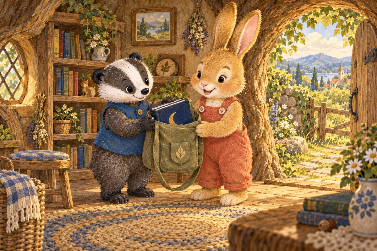 Dumi, lacivert kitabını bez çantayla tavşan Lepo’ya ödünç veriyor.