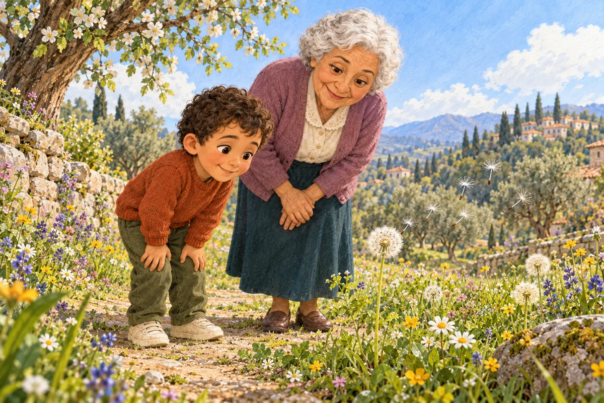Ilgın ve ninesi Güzin, çayır yolundan karahindibanın rüzgârda uçan tüylü tohumlarını izliyor.