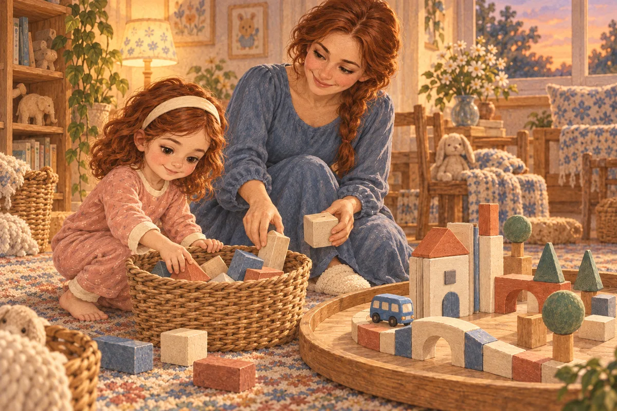 Oya ile annesi Sezin, tahta blok şehrini koruyup yerdeki parçaları topluyor.
