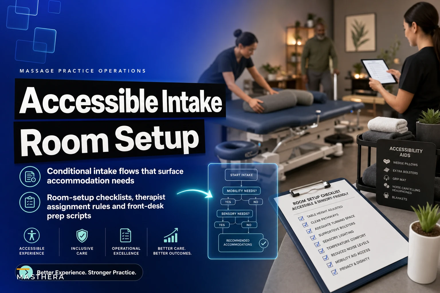 Accessible intake workflows for clients with mobility or sensory needs: conditional forms and room-setup checklists