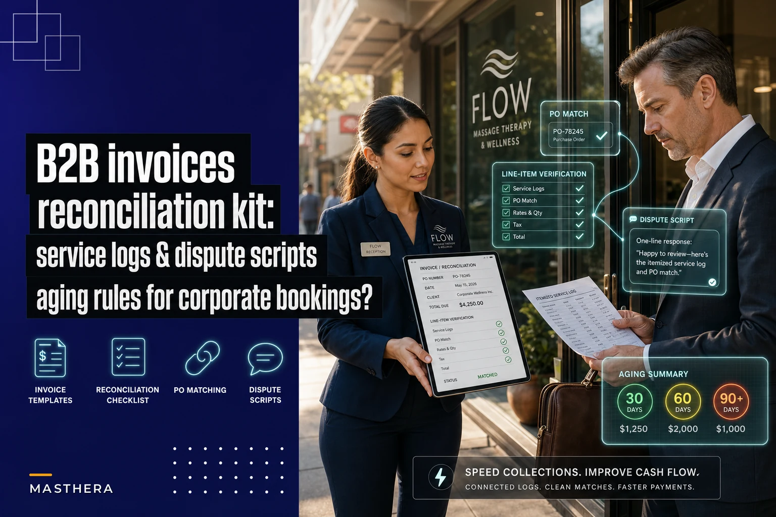 B2B invoice & reconciliation template for corporate bookings: service logs, dispute scripts and aging rules