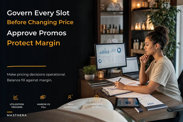 Slot-level revenue governance for massage studio pricing decisions