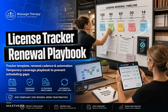 Therapist license and CE tracker: renewal cadence and temporary-coverage playbook