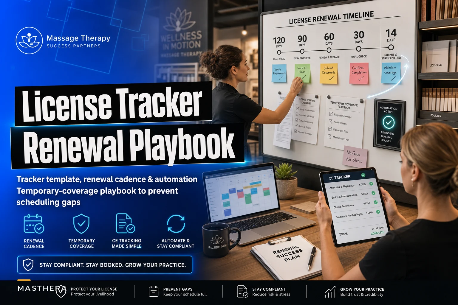 Therapist license and CE tracker: renewal cadence and temporary-coverage playbook