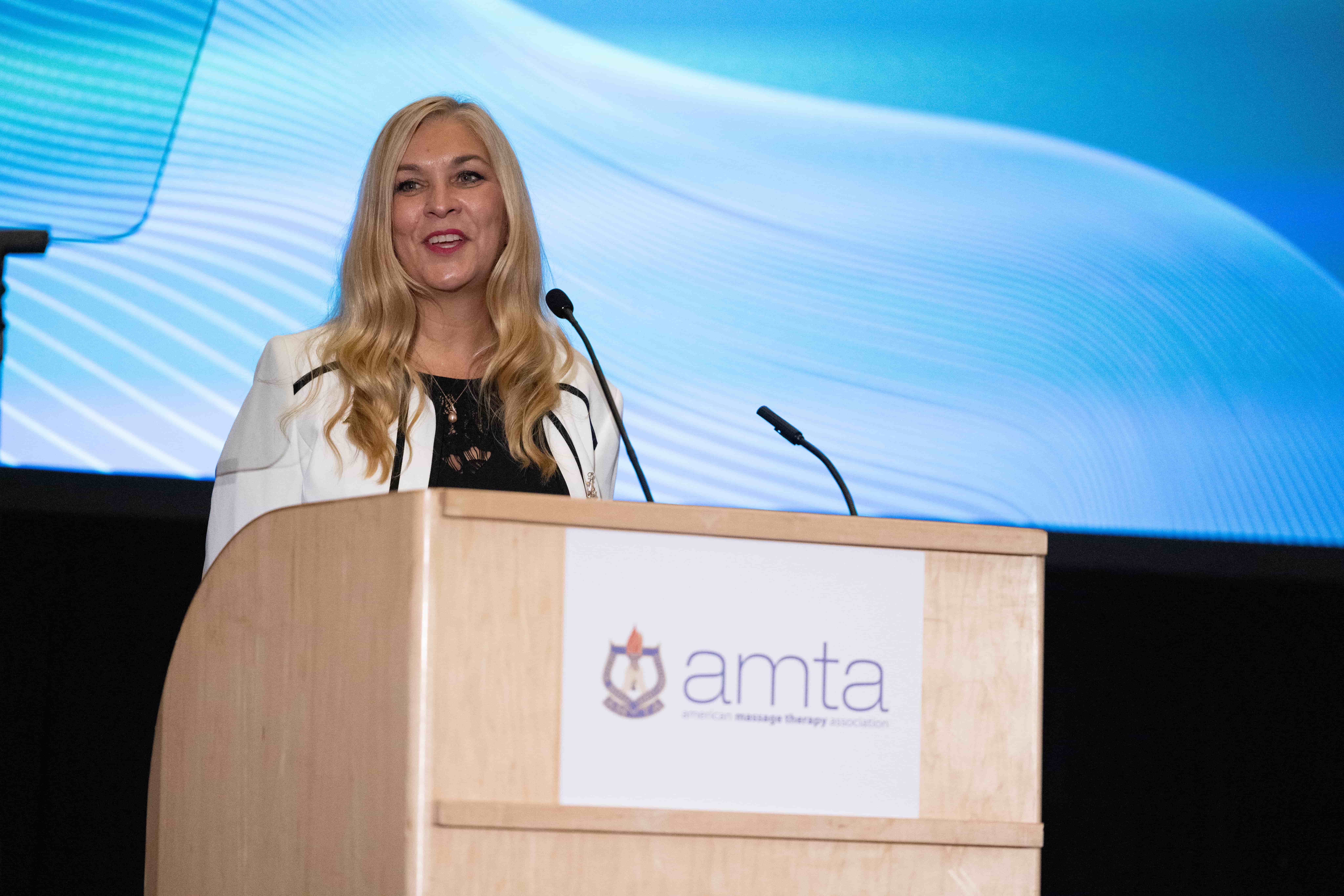 AMTA President Michaele Colizza welcomes attendees back together for AMTA’s 2022 National Convention.