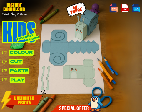 Snail Paper Craft Kit for Kids, Printable 3D Coloring Activity
