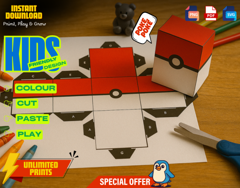 Pokeball Paper Craft Kit for Kids, Printable 3D Coloring Activity