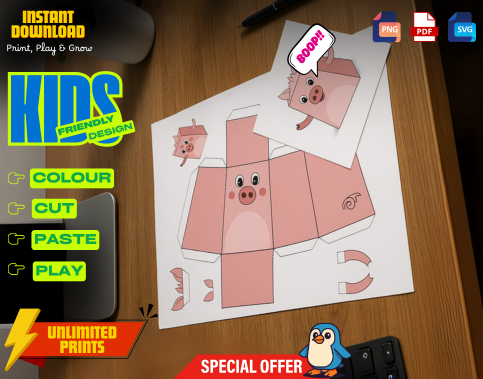 Pig Paper Craft Kit for Kids, Printable 3D Coloring Activity