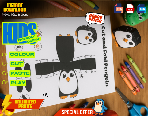 Penguin Paper Craft Kit for Kids, Printable 3D Coloring Activity
