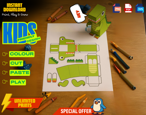 Crocodile Paper Craft Kit for Kids, Printable 3D Coloring Activity