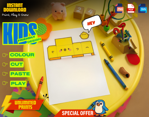 Chicken Paper Craft Kit for Kids, Printable 3D Coloring Activity