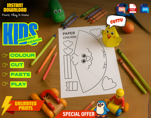 Chicken Paper Craft Kit for Kids, Printable 3D Coloring Activity