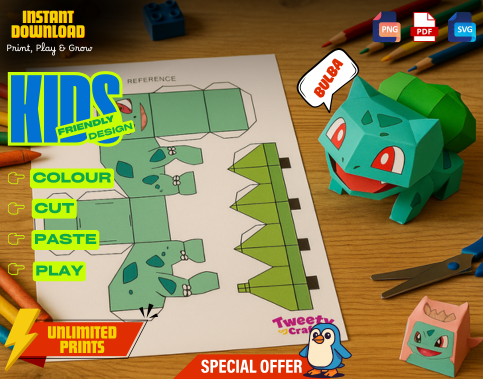 Bulbasaur Paper Craft Kit for Kids, Printable 3D Coloring Activity