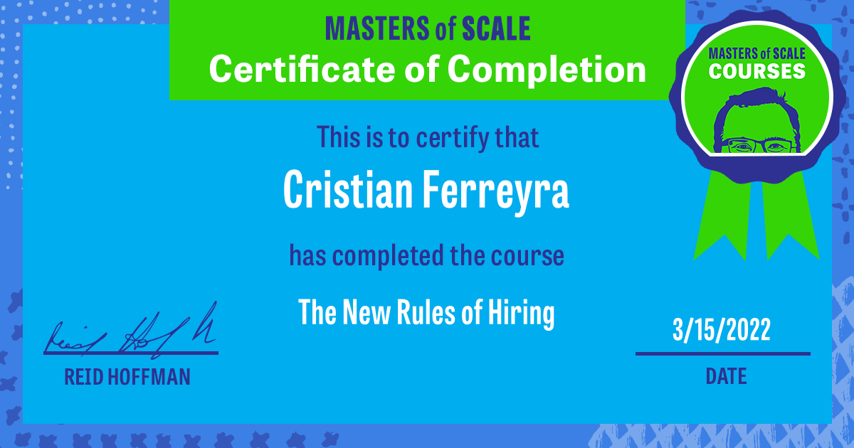 Certificate of Completion for The New Rules of Hiring awarded to Cristian Ferreyra