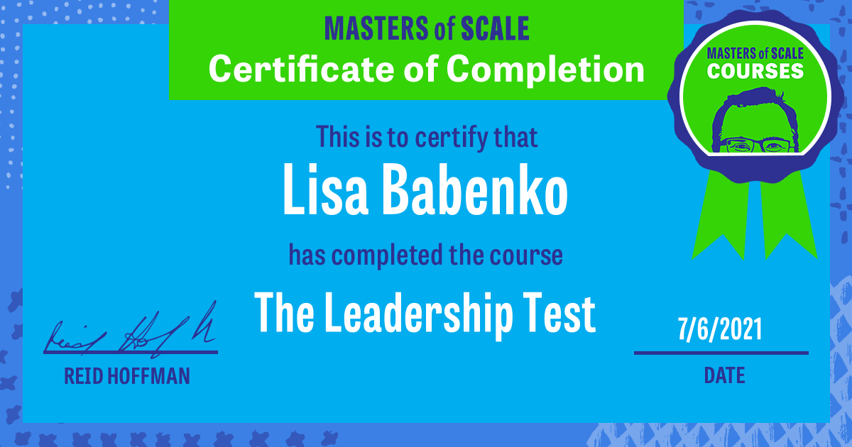 Certificate of Completion for The Leadership Test awarded to Lisa Babenko