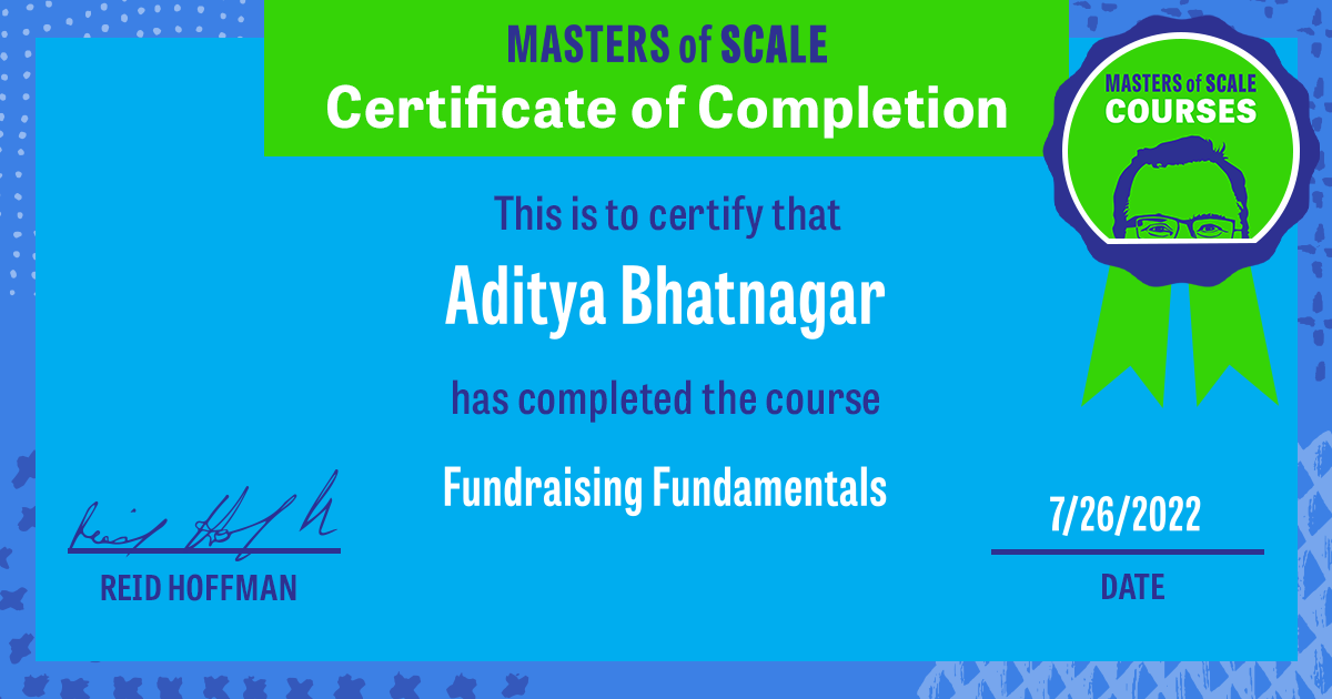 Certificate of Completion for Fundraising Fundamentals awarded to Aditya Bhatnagar
