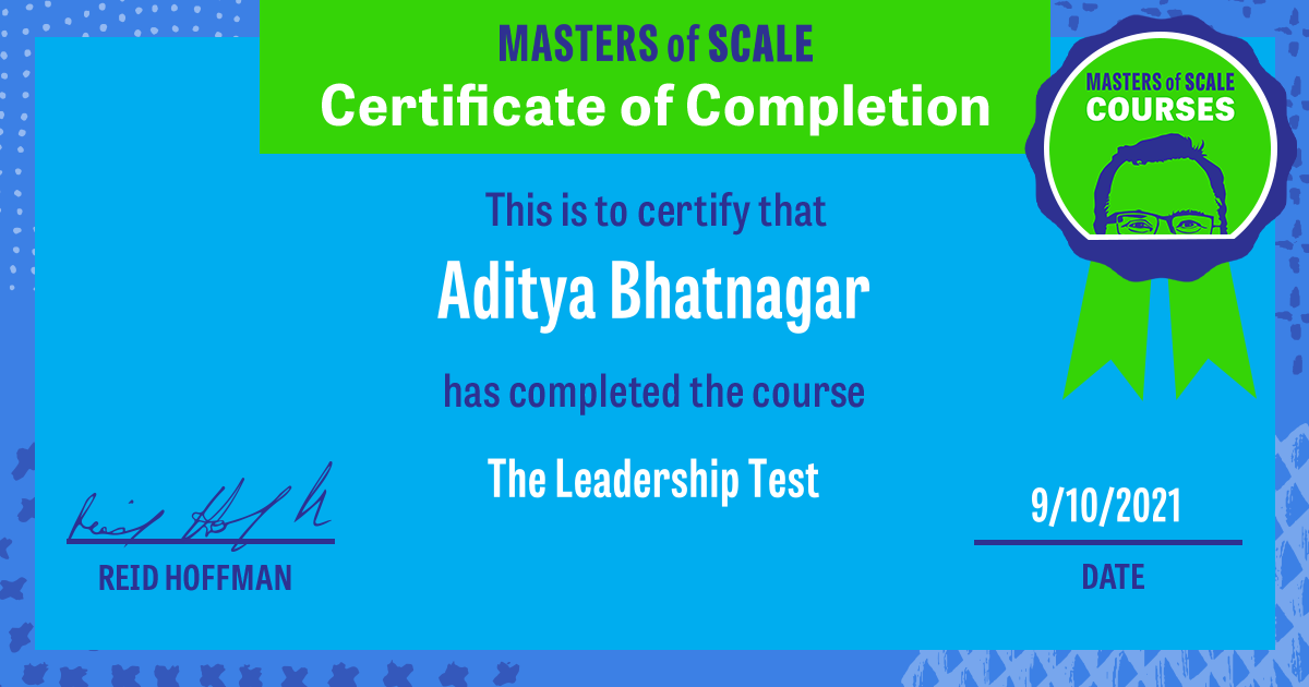 Certificate of Completion for The Leadership Test awarded to Aditya Bhatnagar