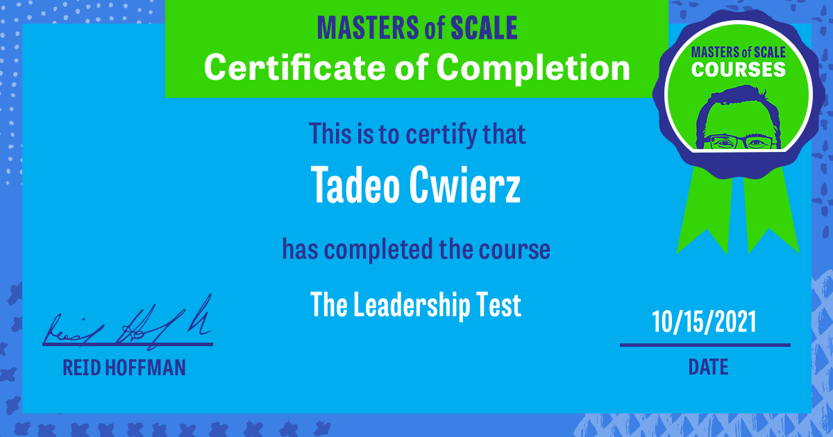 Certificate of Completion for The Leadership Test awarded to Tadeo Cwierz
